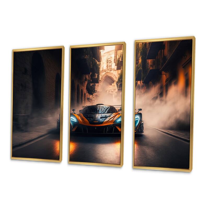 Designart "Black McClaren Sports Car Racing In Italian Street V" Cars Race Car Framed Canvas